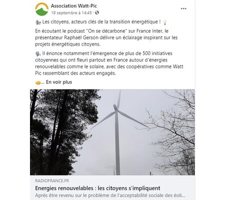 Actualités Facebook Watt-Pic : Les citoyens, acteurs clés de la transition énergétique !