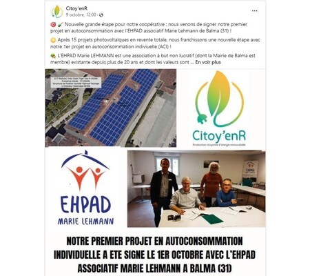 Actu Facebook Citoy'enR : Projet en autoconsommation individuelle avec l'EHPAD de Balma