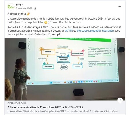 Actu facebook : Assemblée Générale coopérative Citre le 11 octobre