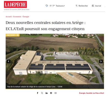 Article La Dépêche : inauguration de 2 centrales ECLA'EnR en Ariège (09)