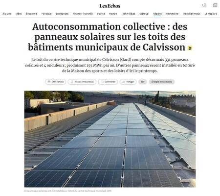 Article Les Echos : Des panneaux solaires sur les toits des bâtiments municipaux de Calvisson (30)