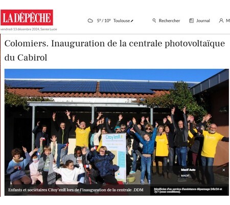 Article La Dépêche : Inauguration de la centrale photovoltaïque Citoy'enR du Cabirol à Colomiers (31)