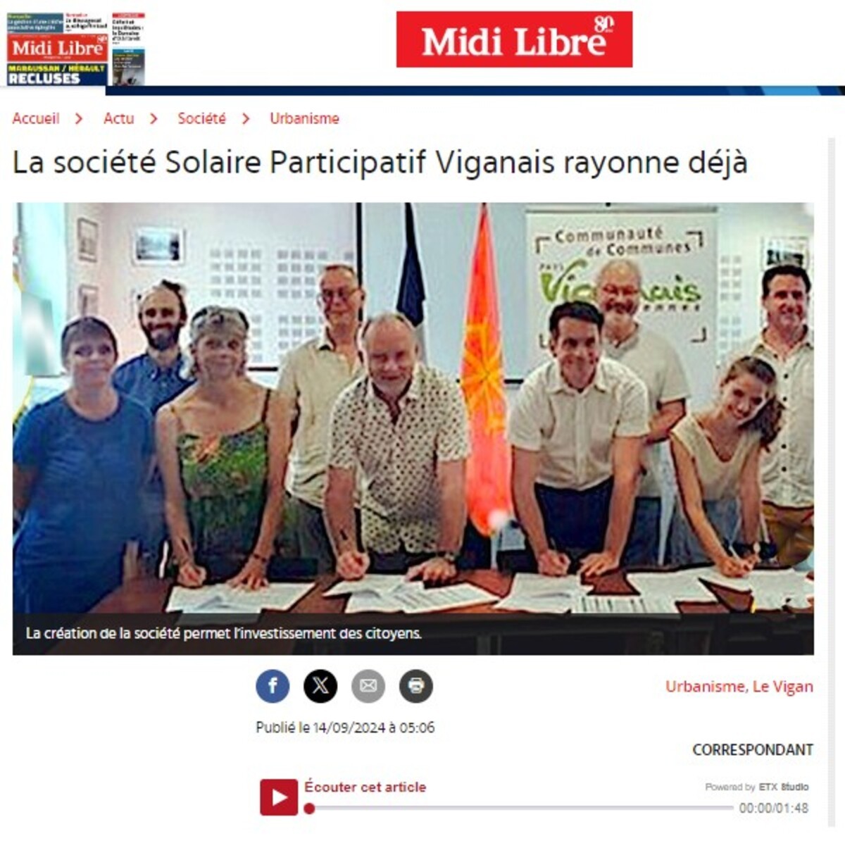 Article Midi Libre : Création de la société Solaire Participatif Viganais (30)