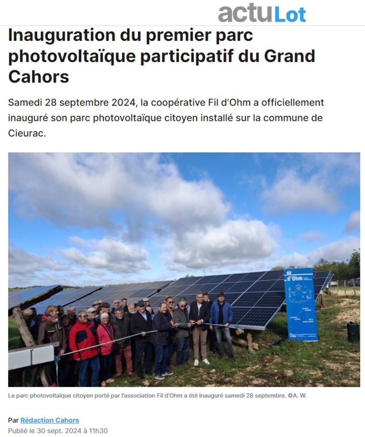 Article d'ActuLot : Inauguration du premier parc photovoltaïque participatif du Grand Cahors