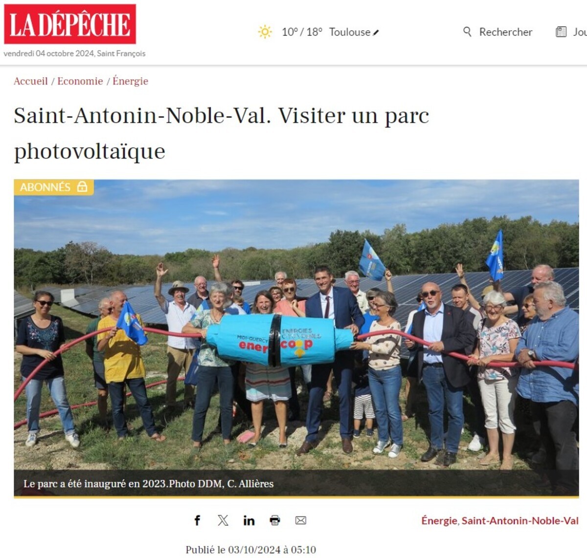 Article La Dépêche : Visite du parc photovoltaïque de Cloups Bergas