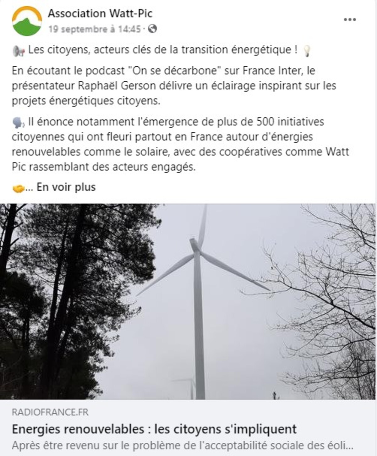 Actualités Facebook Watt-Pic : Les citoyens, acteurs clés de la transition énergétique !