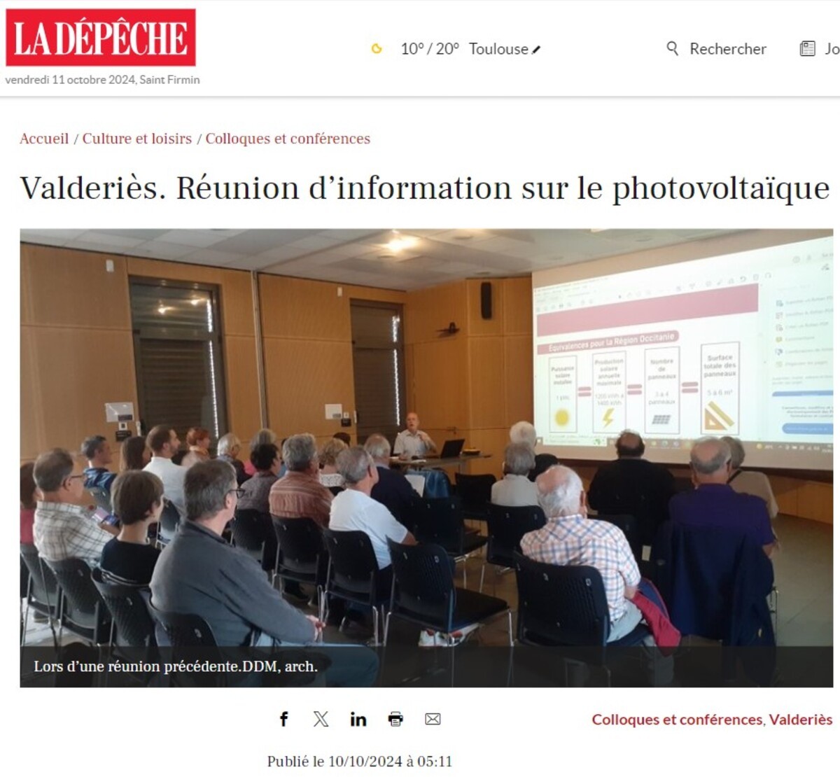 Article Le Dépêche : Réunion d’information sur le photovoltaïque à Valderiès