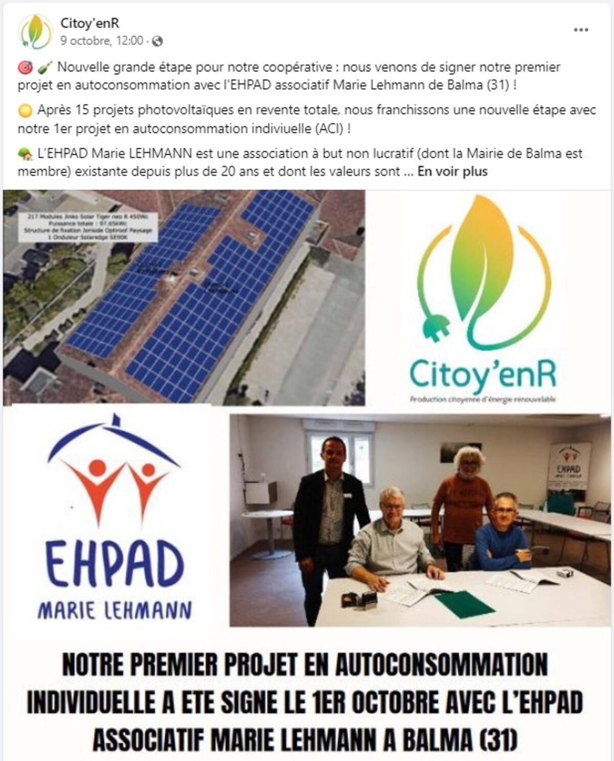 Actu Facebook Citoy'enR : Projet en autoconsommation individuelle avec l'EHPAD de Balma