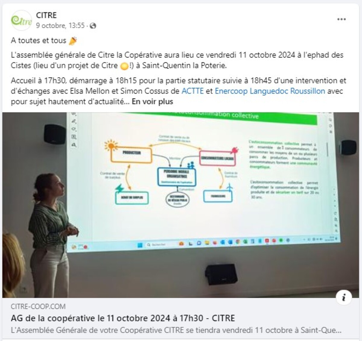 Actu facebook : Assemblée Générale coopérative Citre le 11 octobre