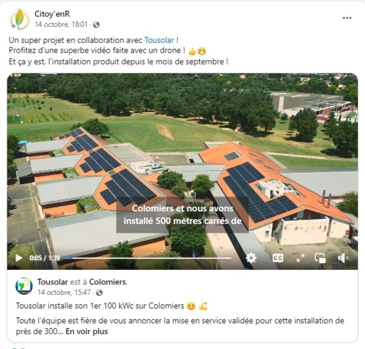 Actu Facebook Citoy'enR : une centrale photovoltaïque citoyenne sur les toits du Centre de loisirs du Cabirol à Colomiers