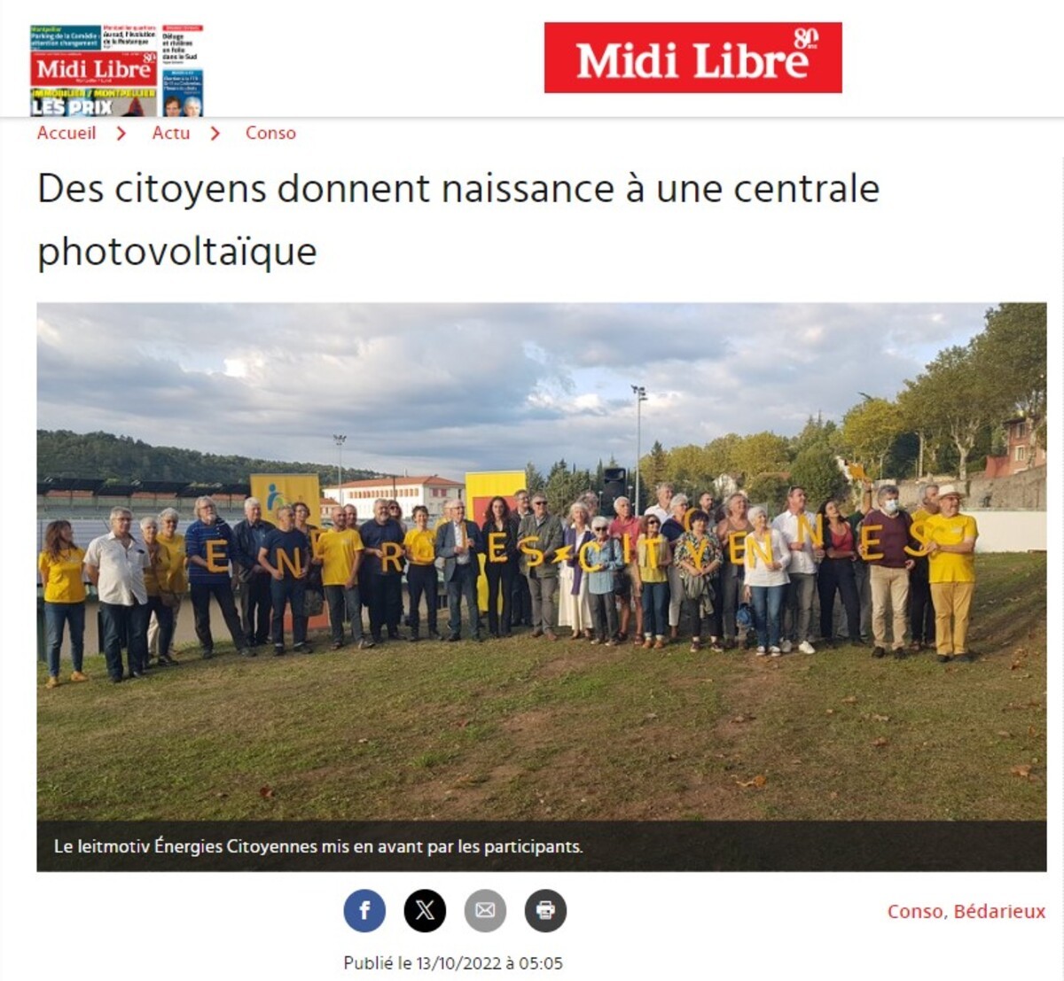 Article Midi Libre : Des citoyens donnent naissance à une centrale photovoltaïque