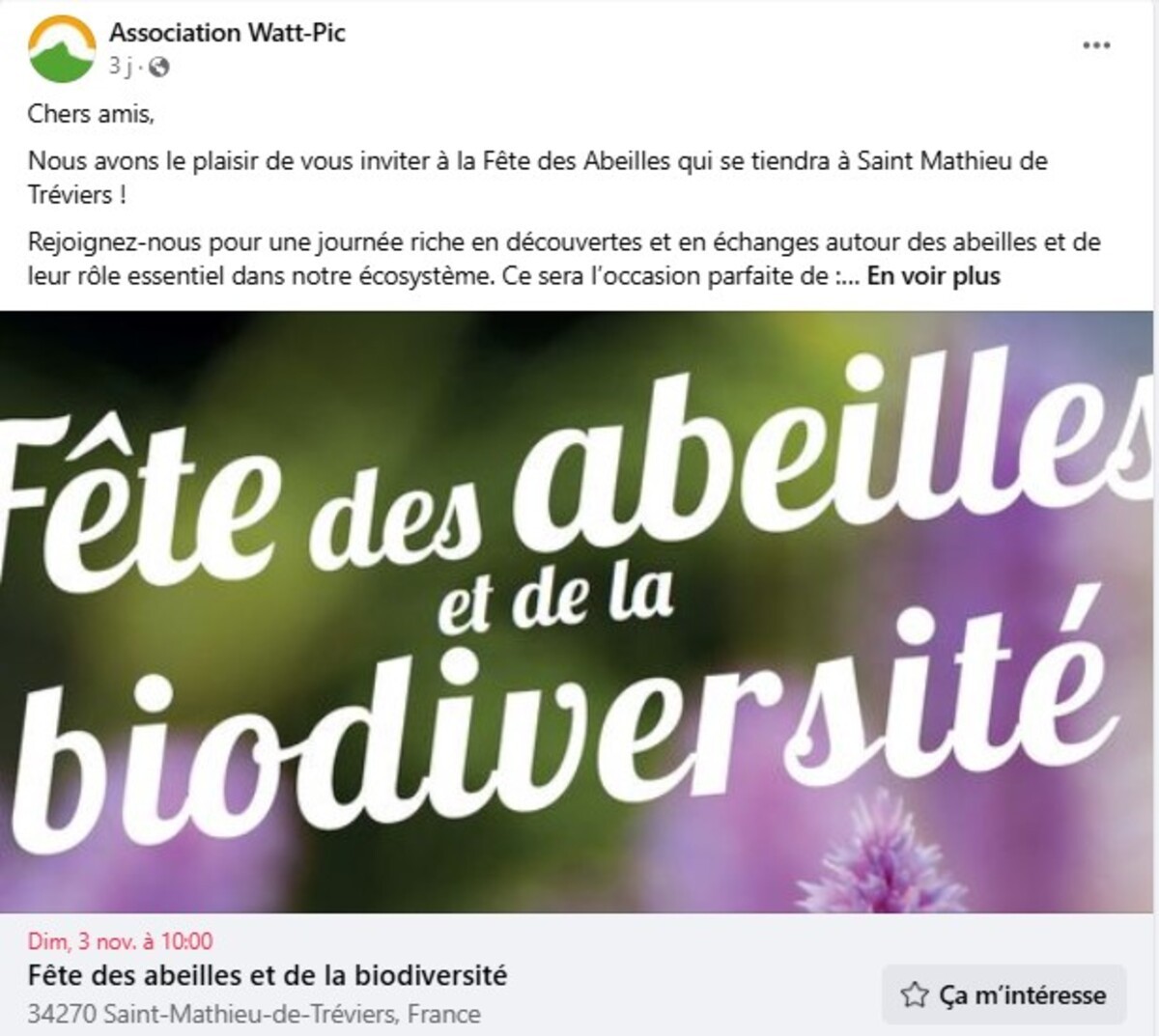 Actu Facebook : L'association Watt-Pic à la fête des abeilles et de la biodiversité