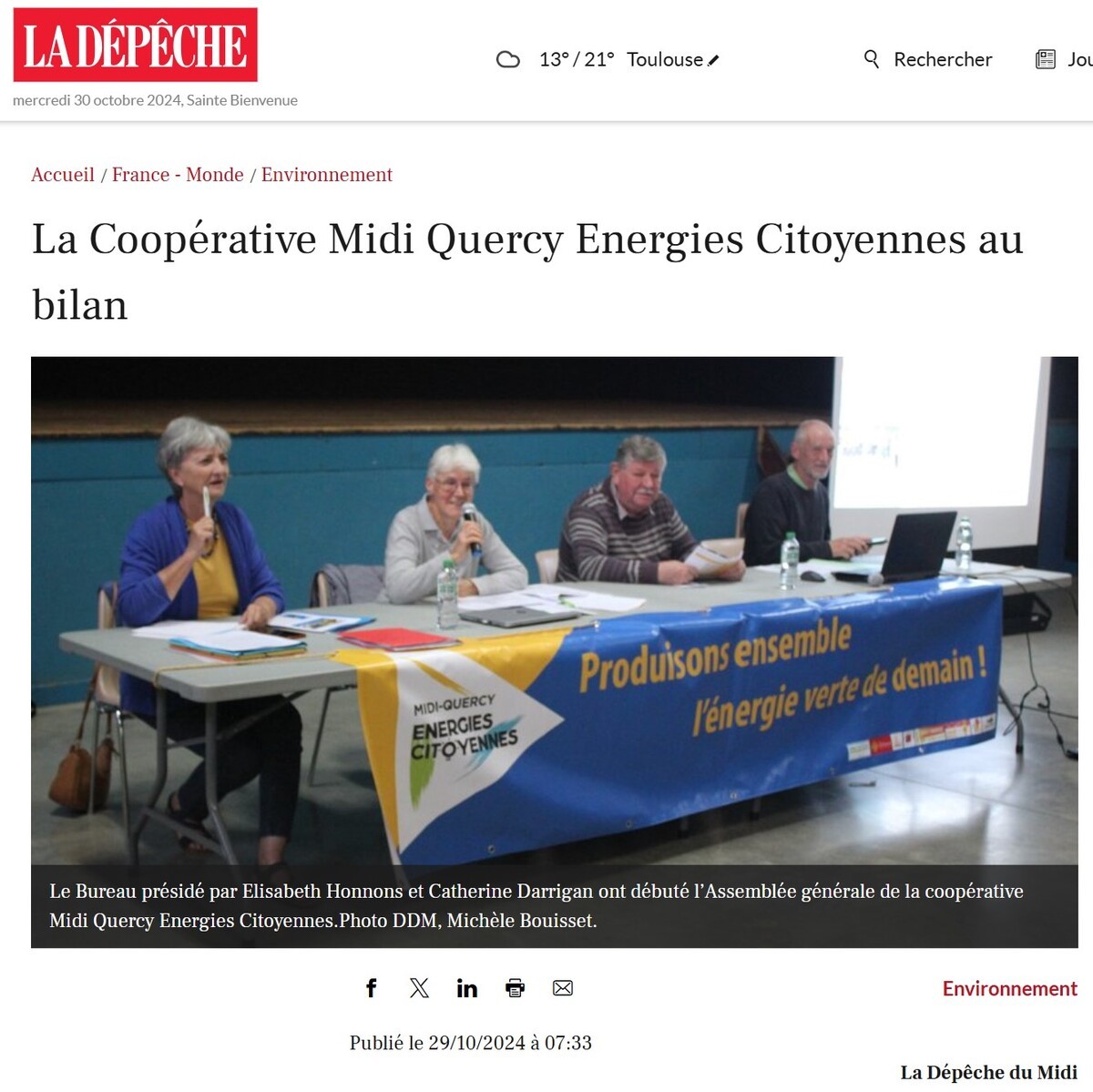 Article La Dépêche : AG Coopérative Midi Quercy Energies Citoyennes (82)