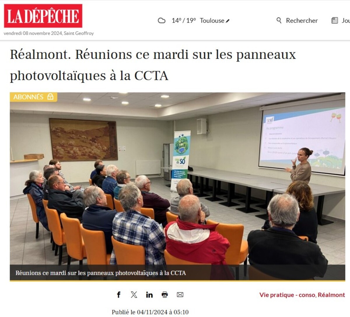 Article La Dépêche : Réunion à Réalmont sur les panneaux photovoltaïques