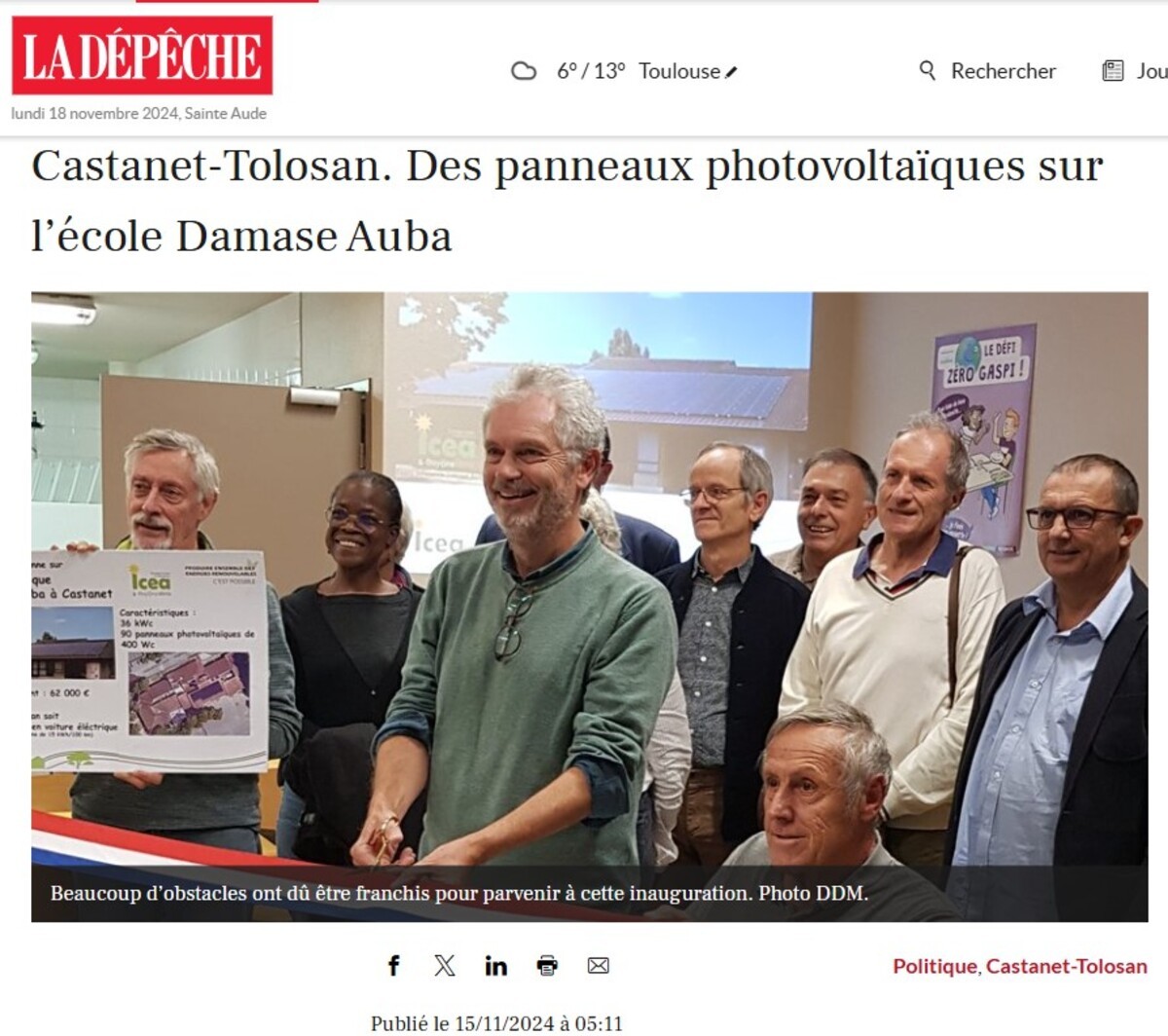 Article La Dépêche : Des panneaux photovoltaïques sur l’école Damase Auba (31)