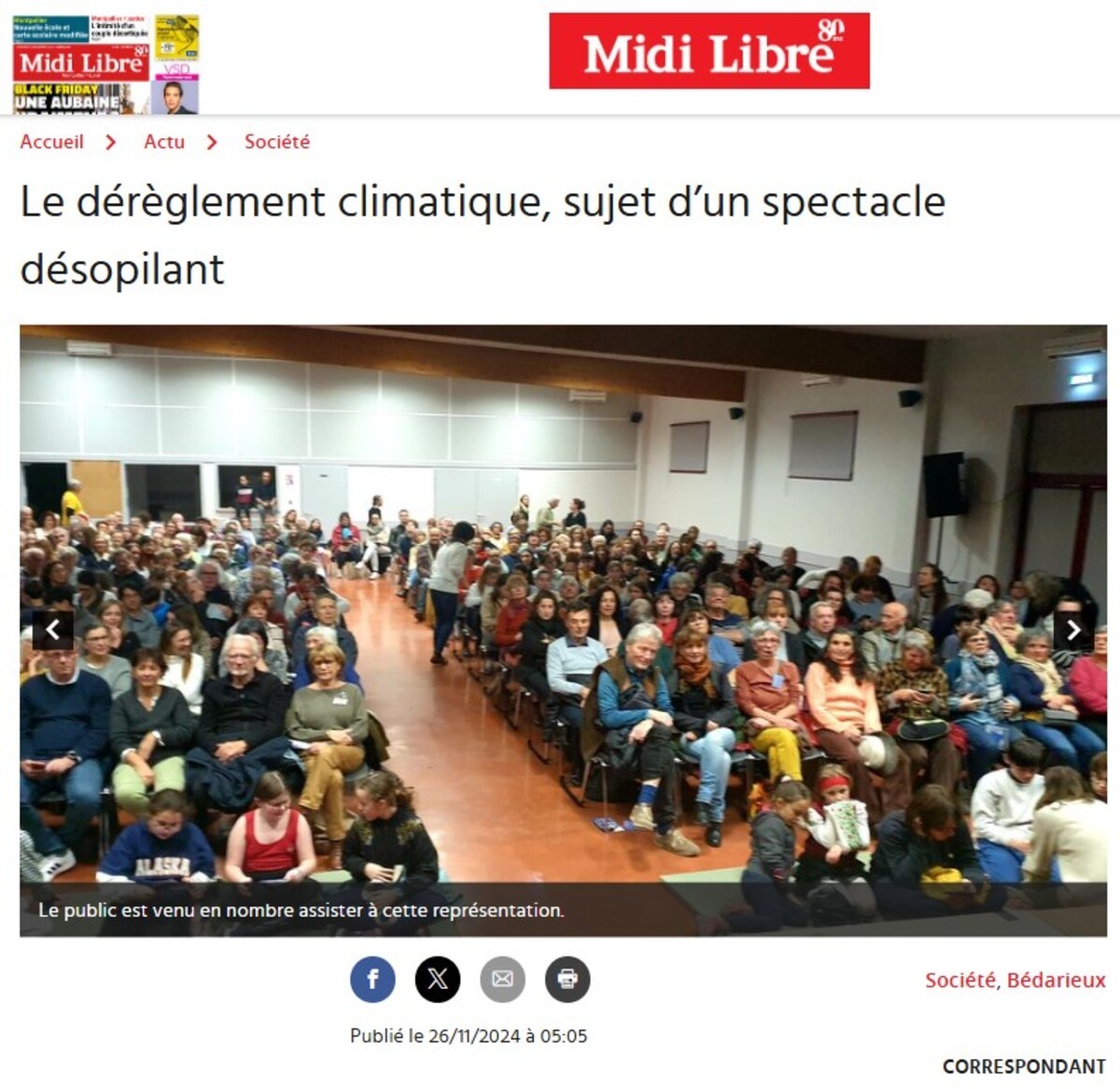 Article Midi Libre : Spectacle CLIMAX ! en partenariat avec Énergies citoyennes (34)