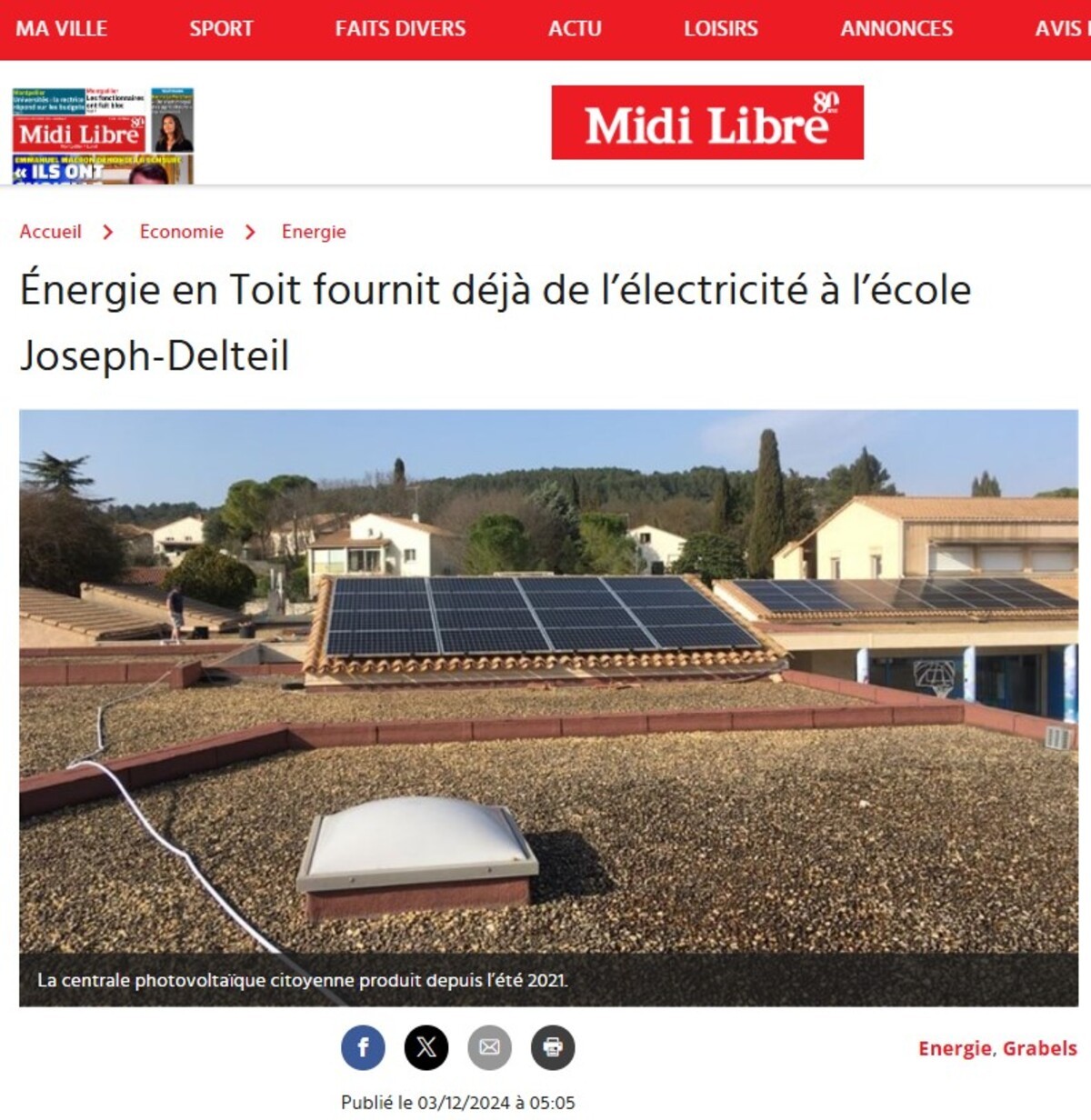 Article Midi Libre : Énergie en Toit fournit déjà de l’électricité à l’école Joseph-Delteil (34)