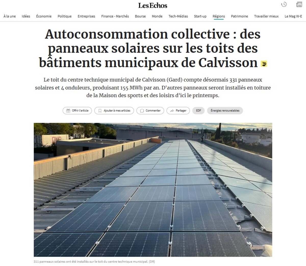 Article Les Echos : Des panneaux solaires sur les toits des bâtiments municipaux de Calvisson (30)