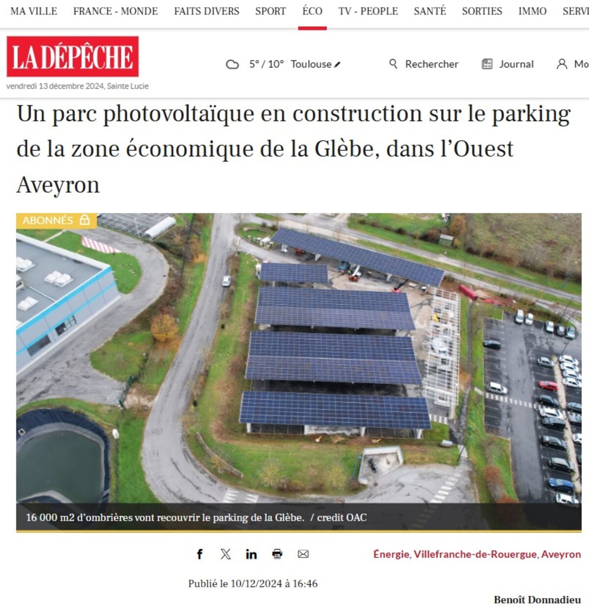 Articles La Dépêche : Un parc photovoltaïque en construction sur le parking de la zone économique de la Glèbe (12)