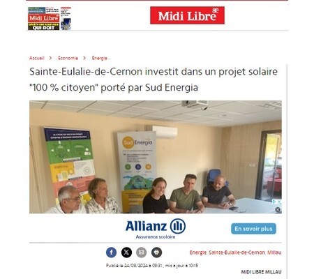 Un article du Midi Libre sur le projet 100% citoyen de Sud Energia (Sainte-Eulalie-de-Cernon, Aveyron)