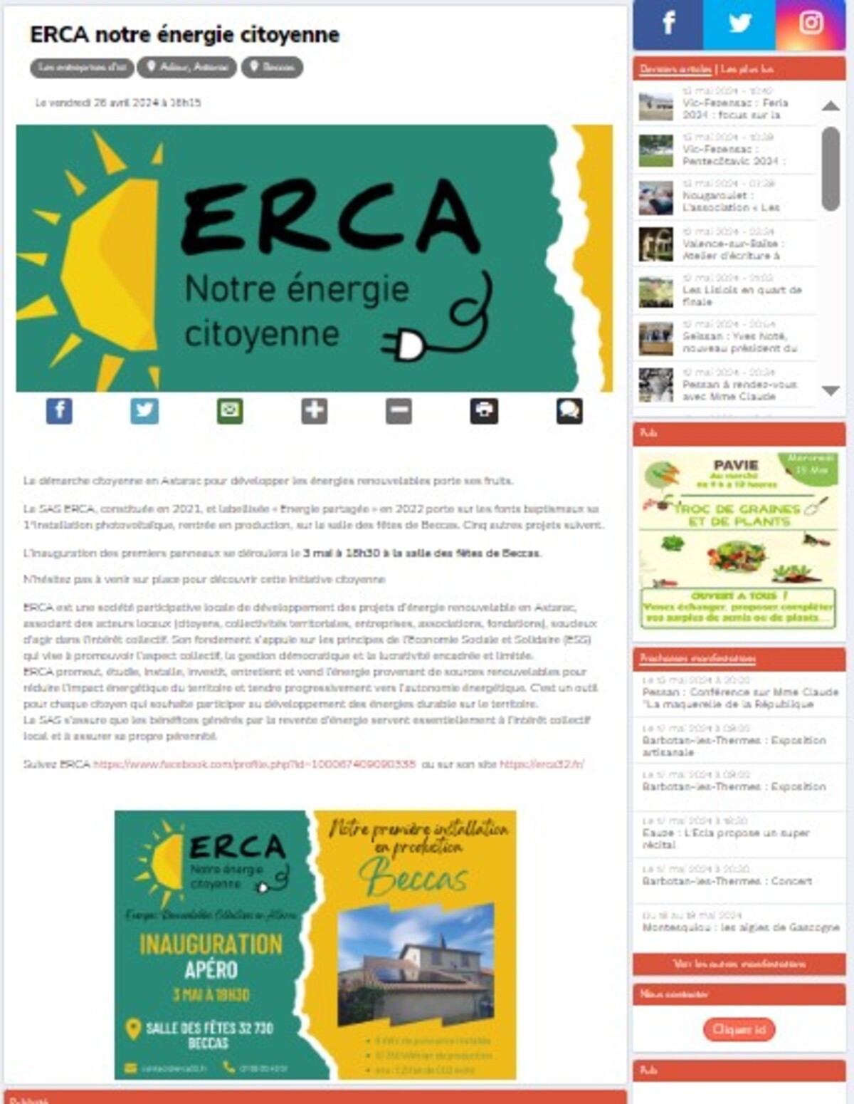 Articles de la Dépêche du Midi et du journal du Gers :  ERCA : inauguration des panneaux solaires le 3 mai à Beccas (32)