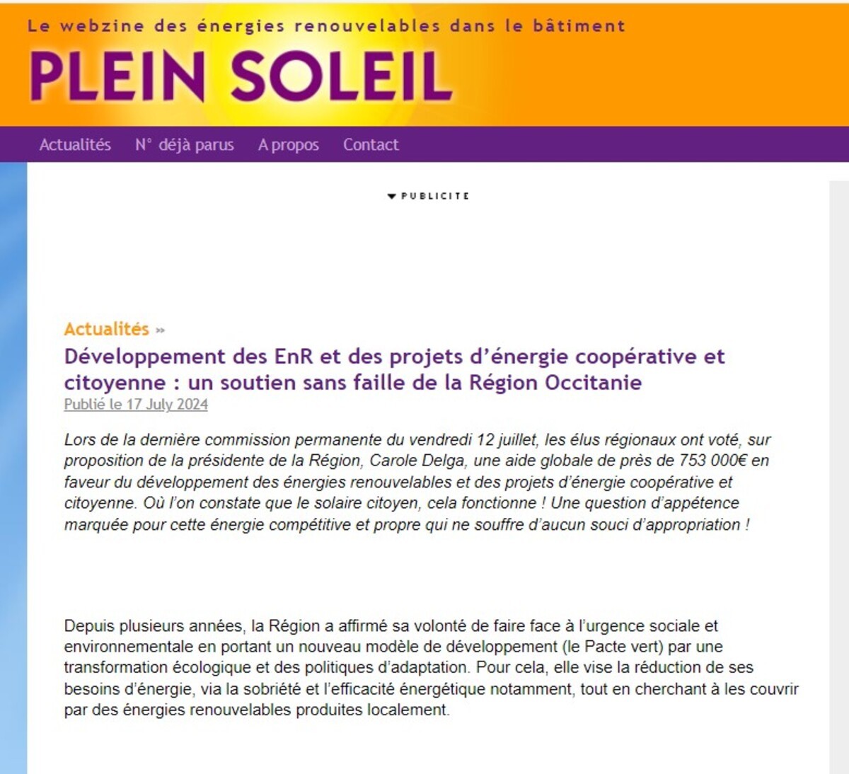 Plein Soleil souligne le soutien de la Région aux projets d'énergie coopérative et citoyenne