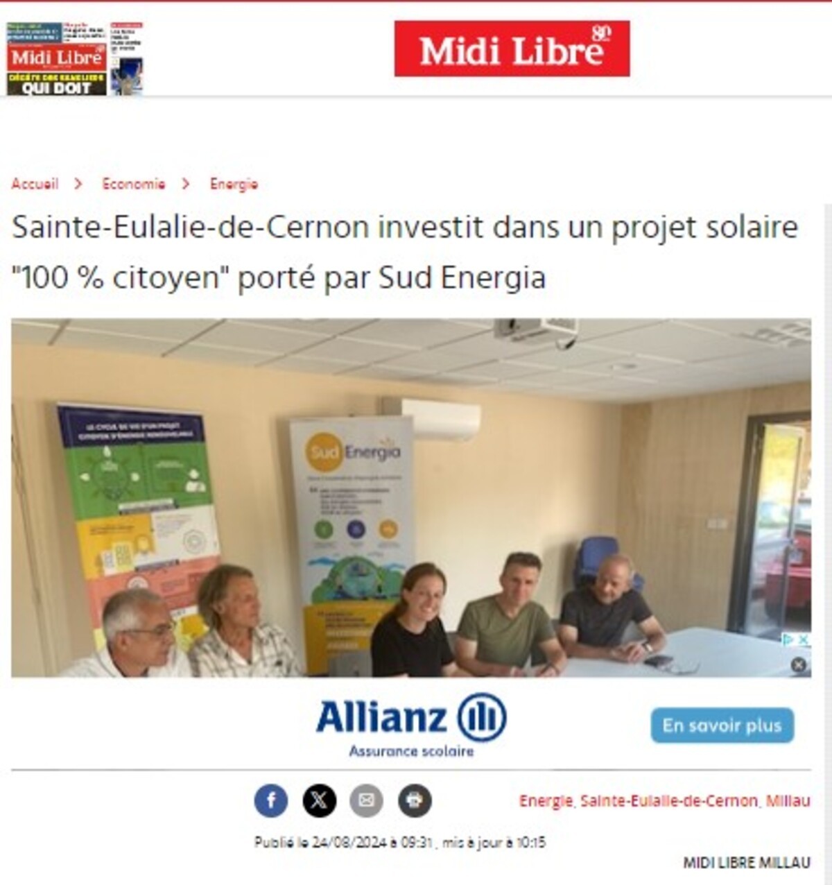 Un article du Midi Libre sur le projet 100% citoyen de Sud Energia (Sainte-Eulalie-de-Cernon, Aveyron)