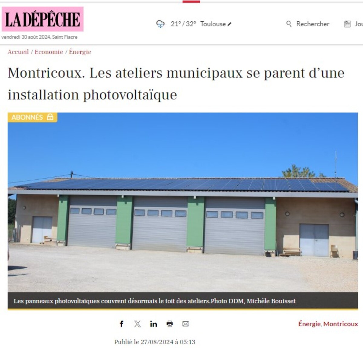 Article de La Dépêche : installation photovoltaïque à Montricoux (82)