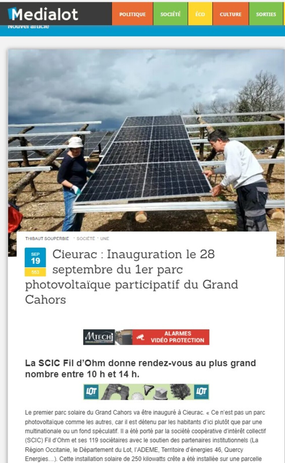 Médialot : RDV le 28 septembre à Cieurac (46) pour inauguration du Parc Photovoltaïque du Grand Cahors